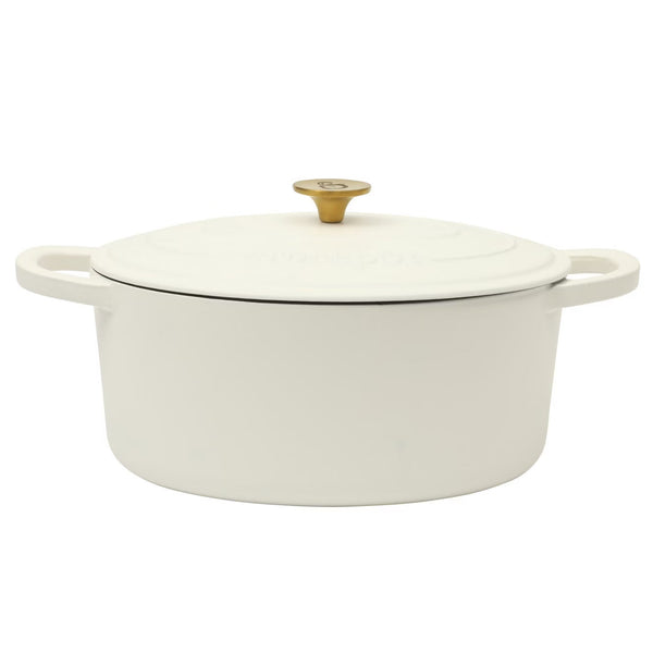 Dutch Oven – 7 Quart Oval Enameled Cast Iron Dutch Oven in Linen with Handle – White