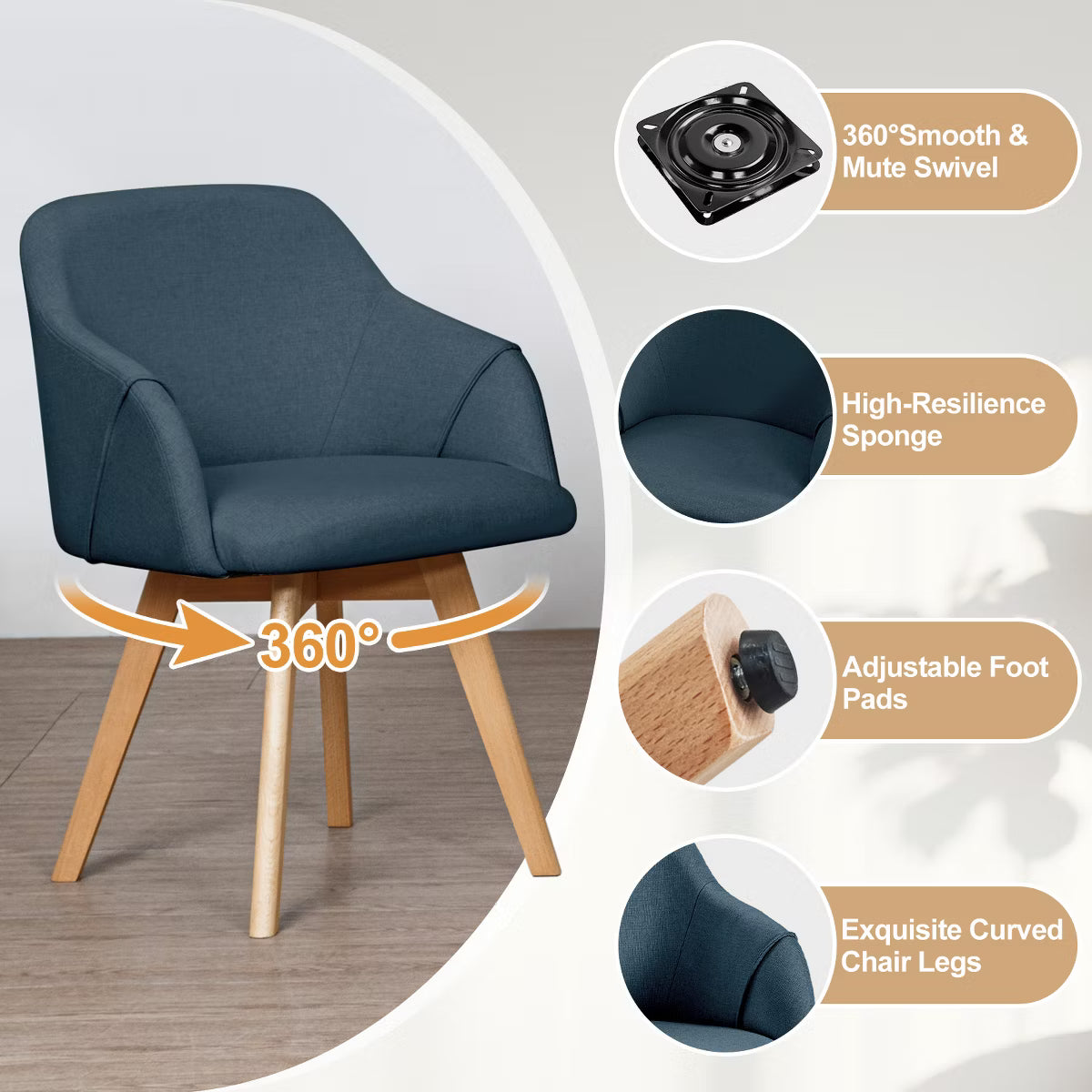 Swivel Dining Chairs Set of 2, Linen Upholstered Armchairs with Solid Wood Legs