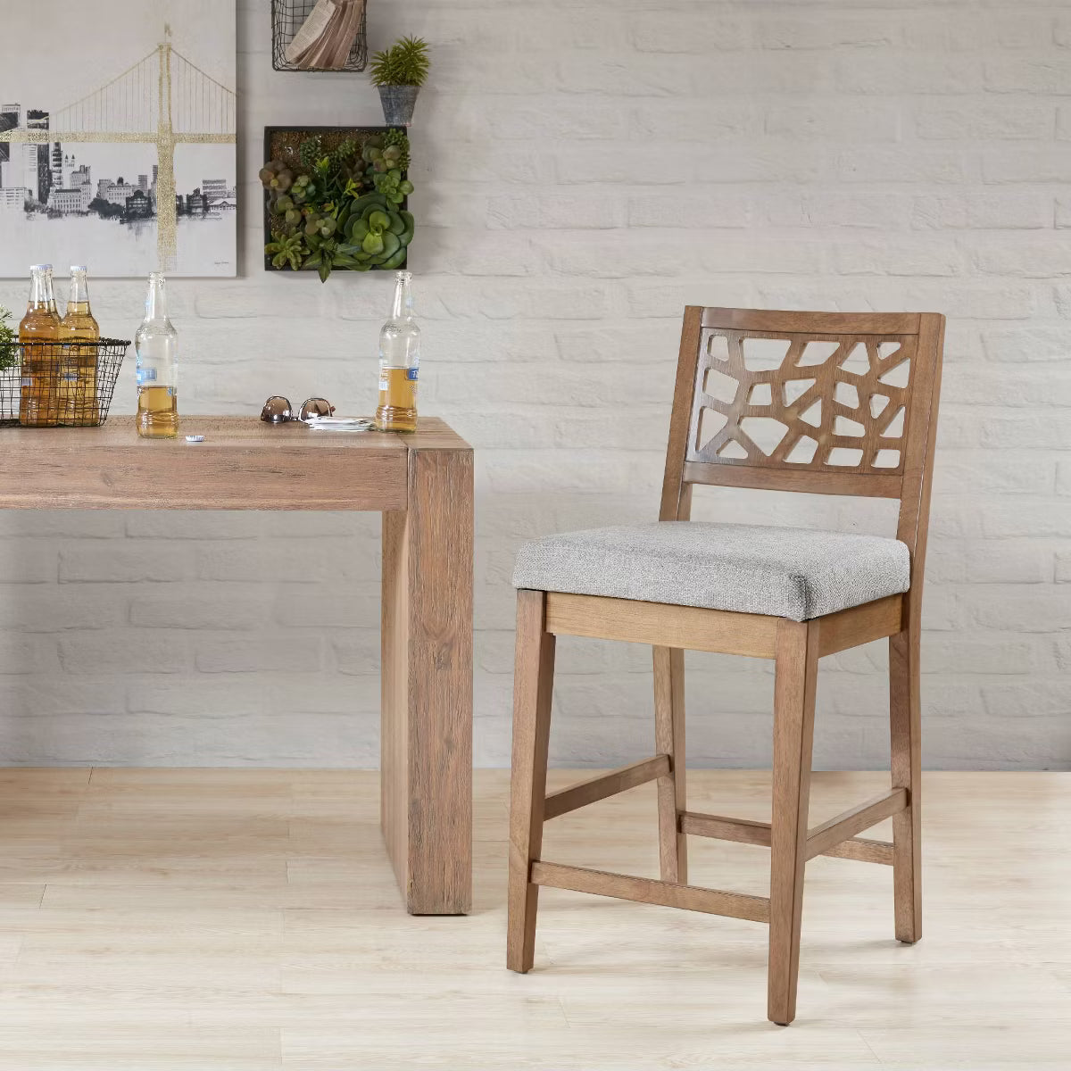 Crackle Counter Height Barstool Light Gray: Upholstered Oak Veneer