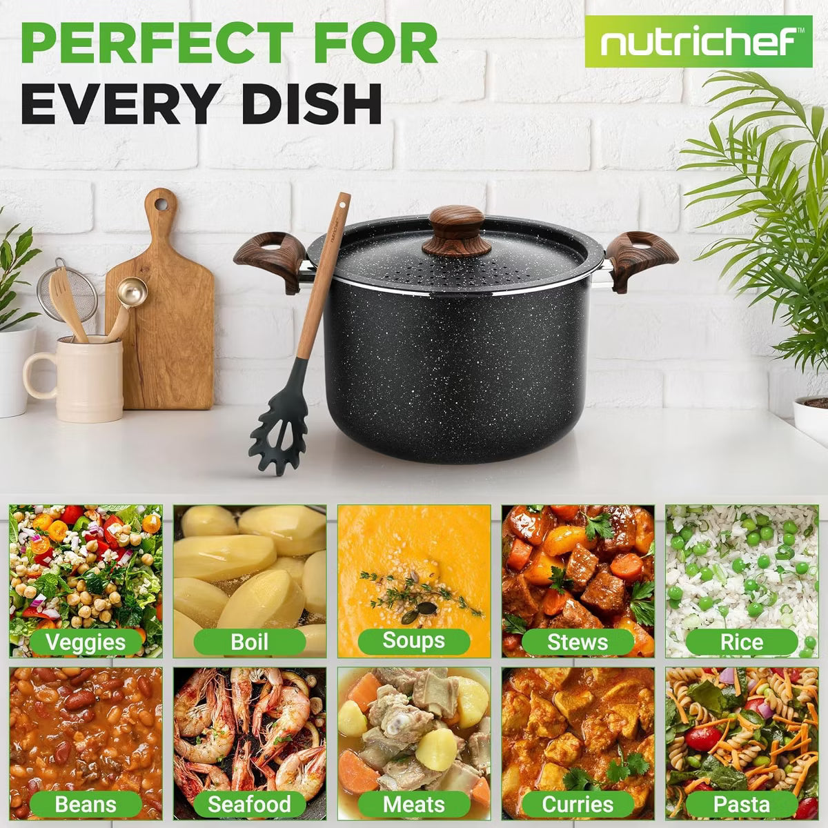 Stock Pot – 5.1qt Non-Stick Aluminum Pasta Pot with Strainer Lid – White