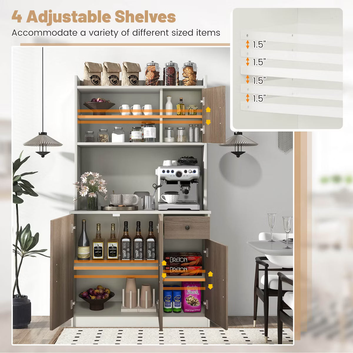 Pantry Cabinet – Culinvaro 4-Door 71'' Kitchen Buffet Pantry Storage Cabinet w/Hutch Adjustable Shelf White