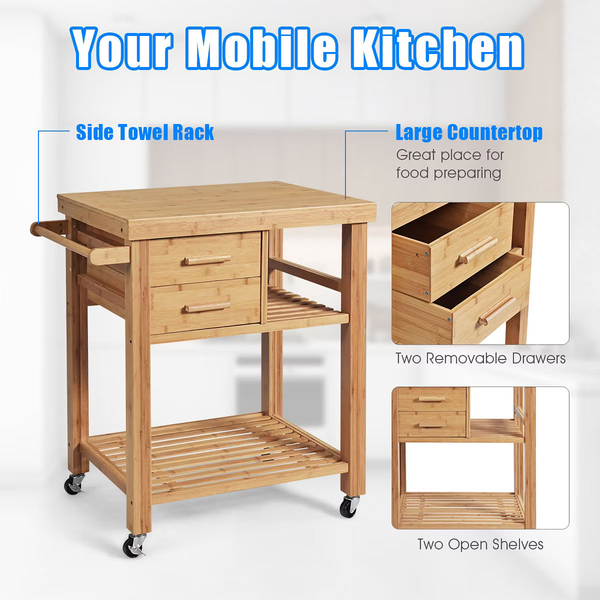 Kitchen Cart – Culinvaro Bamboo Kitchen Trolley Cart Wood Rolling Island w/ Tower Rack & Drawers