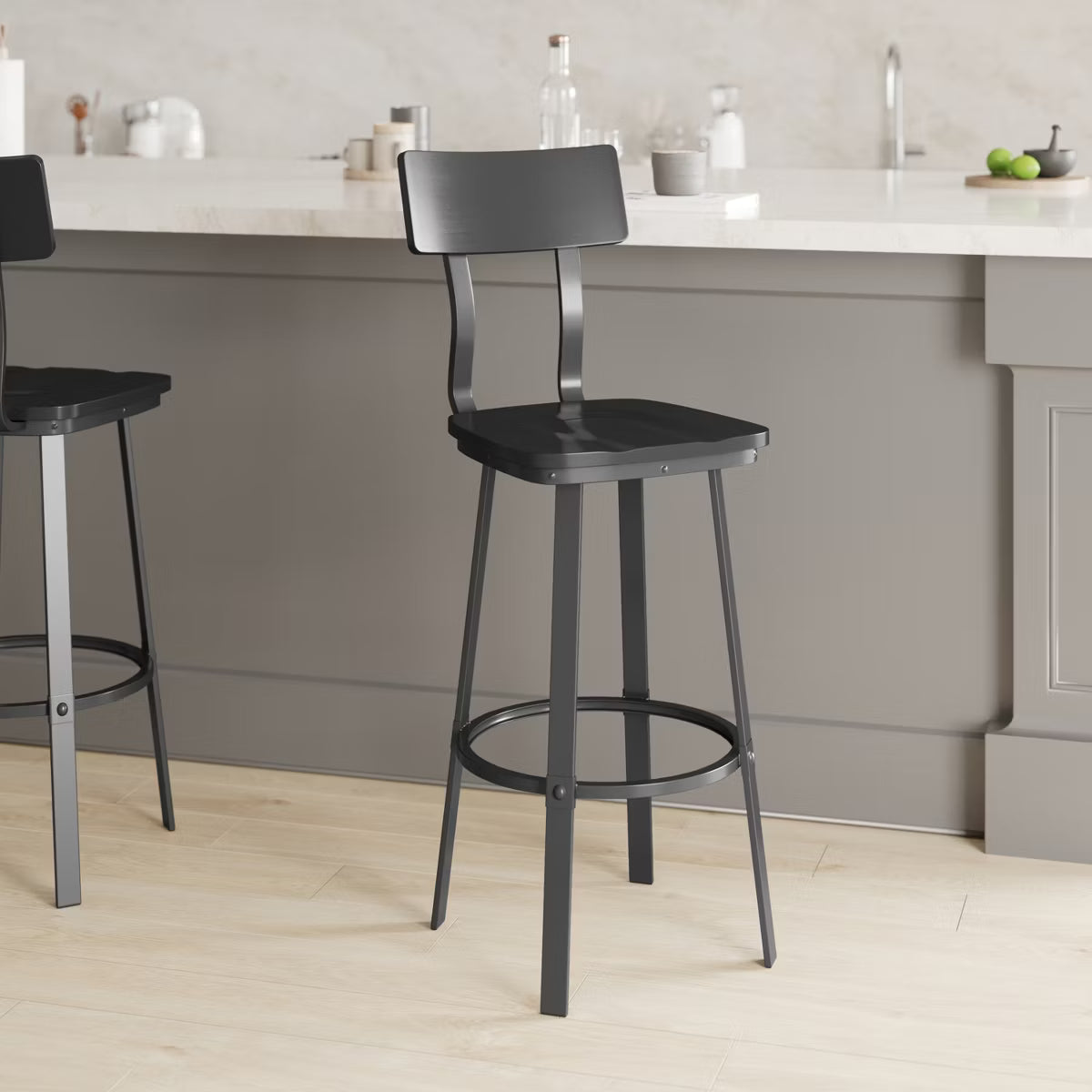Black Dining Bar Stool with Wood Back/Seat and Black Powder-Coated Frame