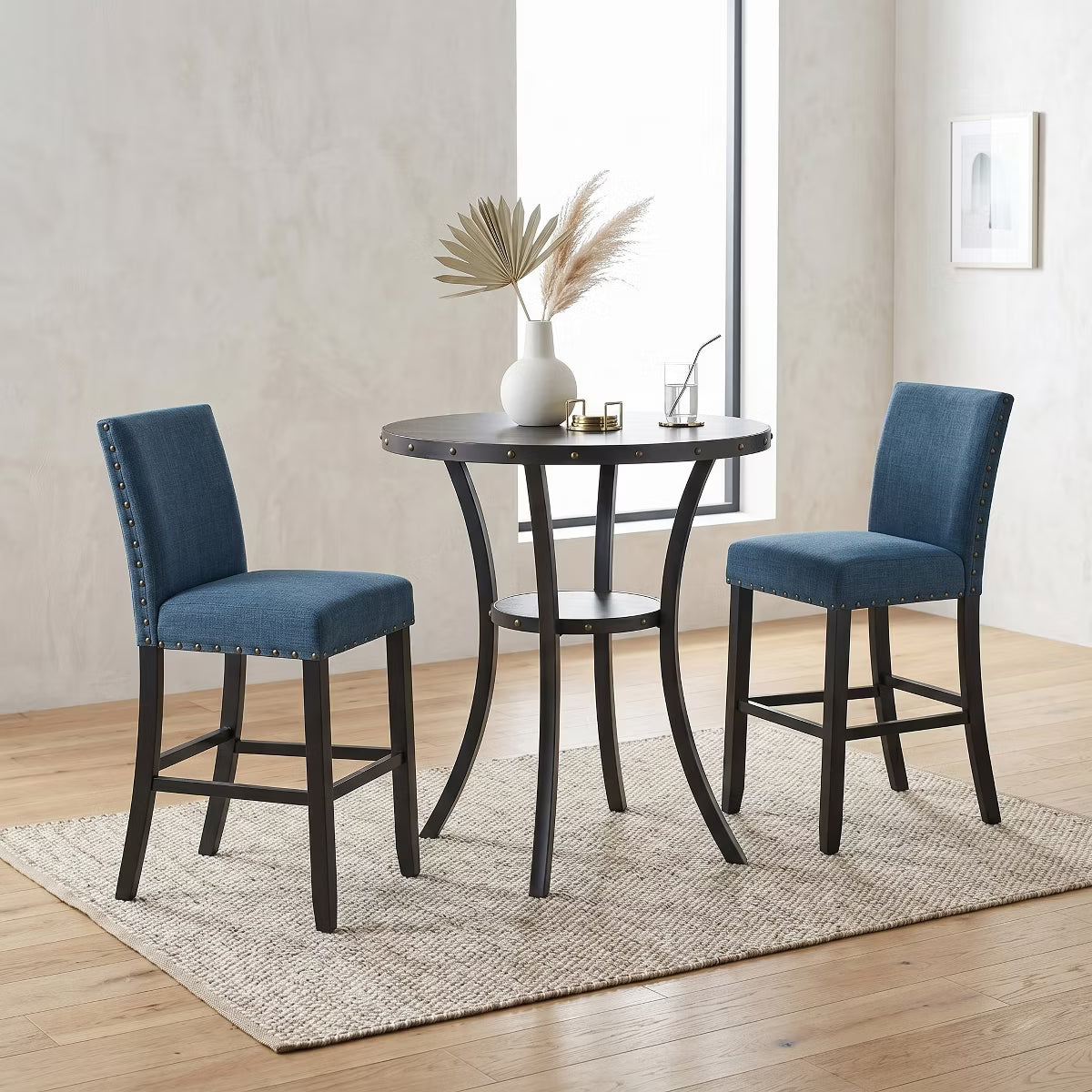 Bar Table – Culinvaro 3-Piece 36" Round Espresso Finish Bar Table with 2 Blue Fabric Nail Head Pub Chairs