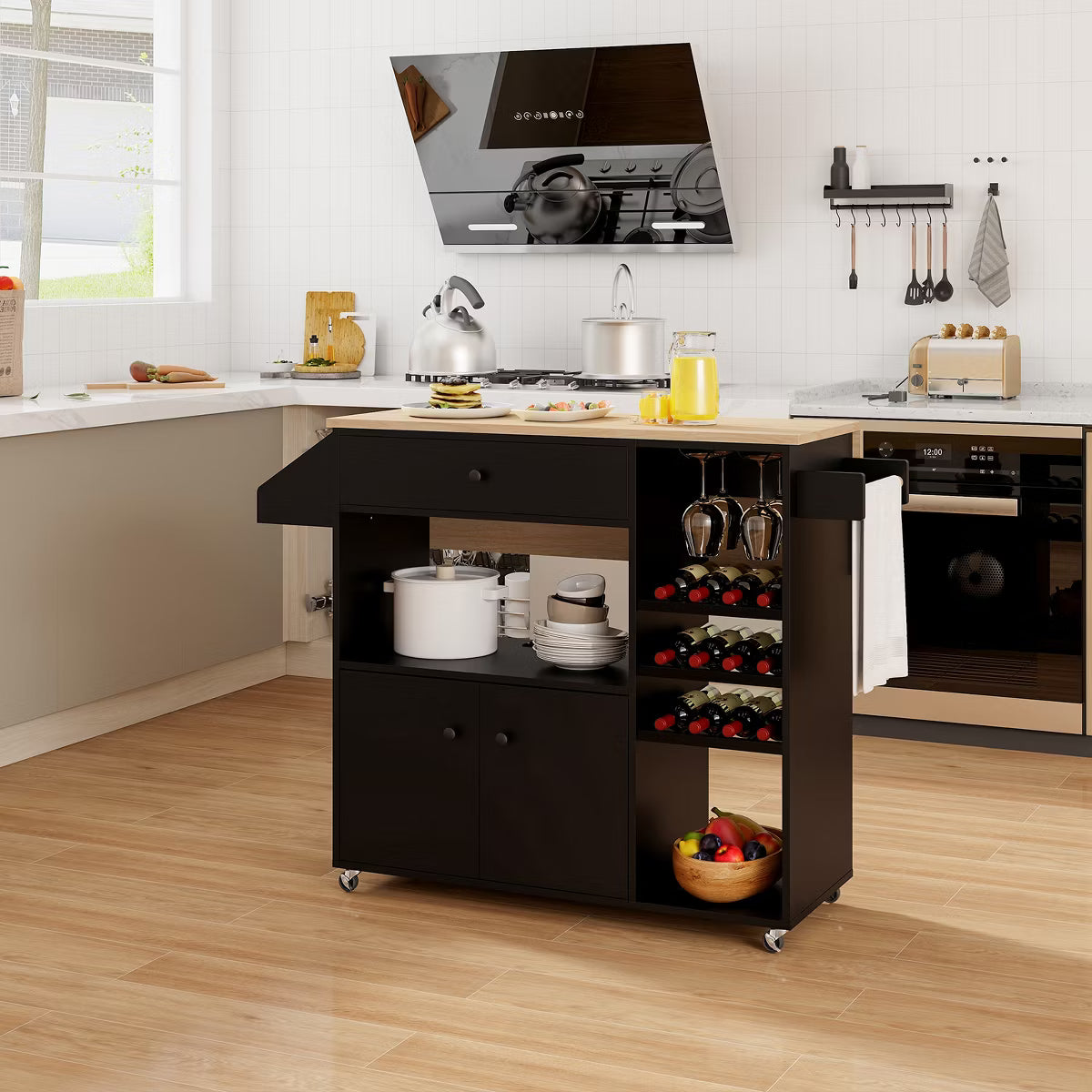 Drop Leaf Kitchen Island Cart with Power Outlet Mobile Buffet Storage Cart with Microwave Shelf Black  3 out of 5 stars 4