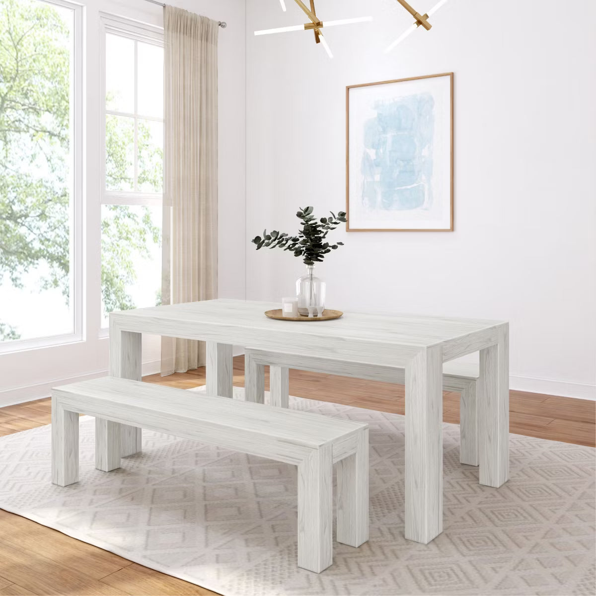Solid Wood Modern Dining Table Set with 2 Benches for 6