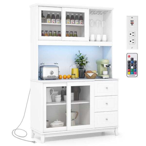 Pantry Cabinet – Culinvaro Kitchen Pantry Storage Cabinet Kitchen Hutch w/ LED lights & Power Outlet White