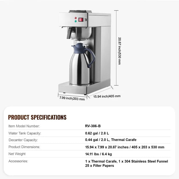 Drip Coffee Maker – 12 Cups Commercial Drip Coffee Maker – Silver