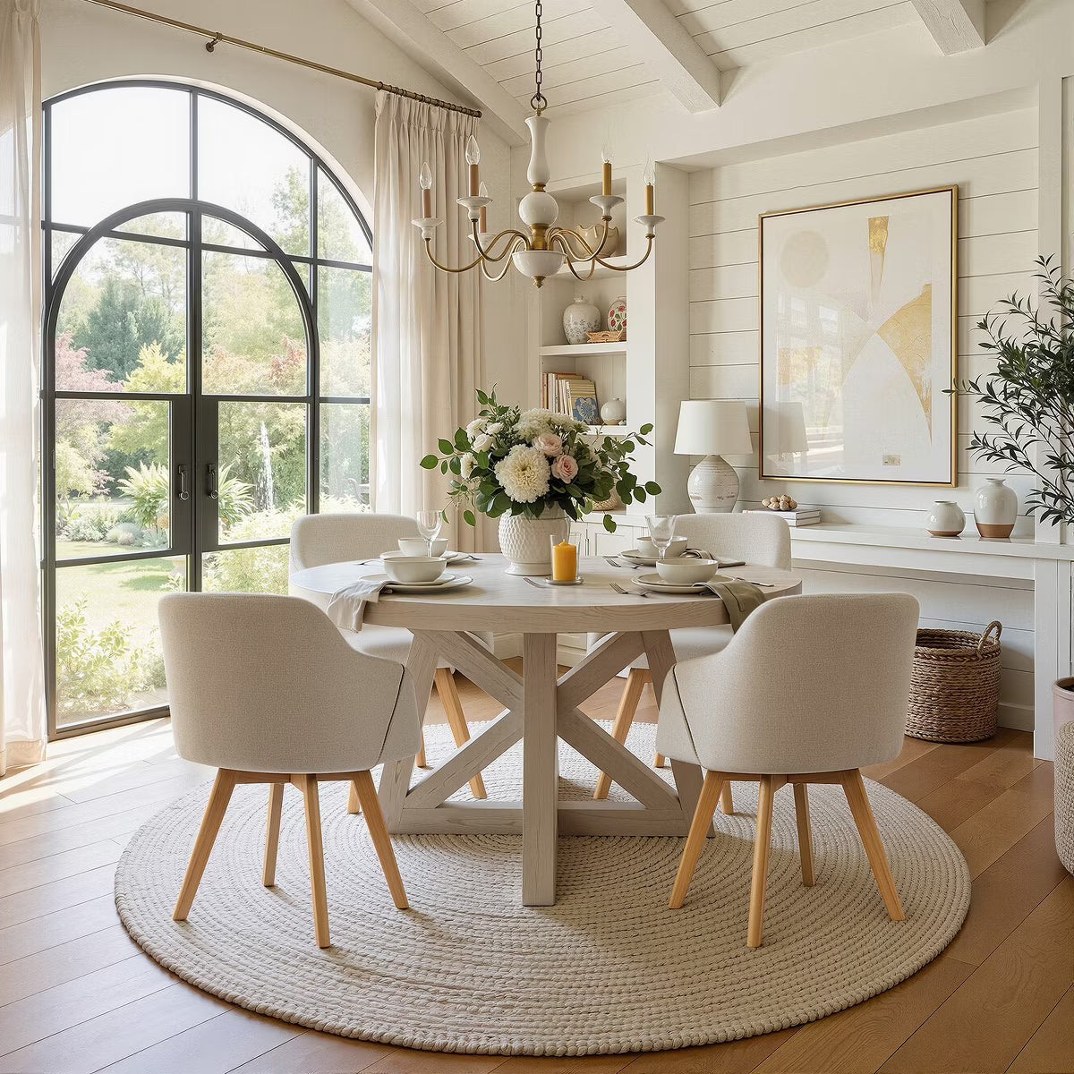 Swivel Dining Chairs Set of 2, Linen Upholstered Armchairs with Solid Wood Legs