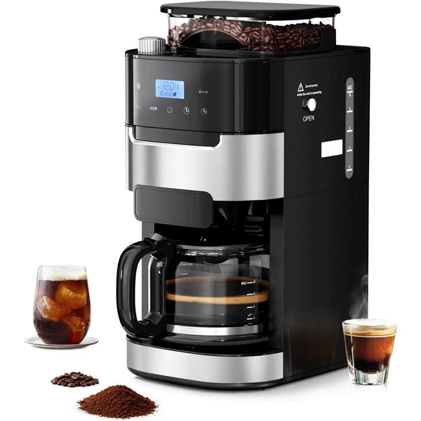 Drip Coffee Maker – 10-Cup Digital Drip Coffee Maker with Built-In Grinder – Black