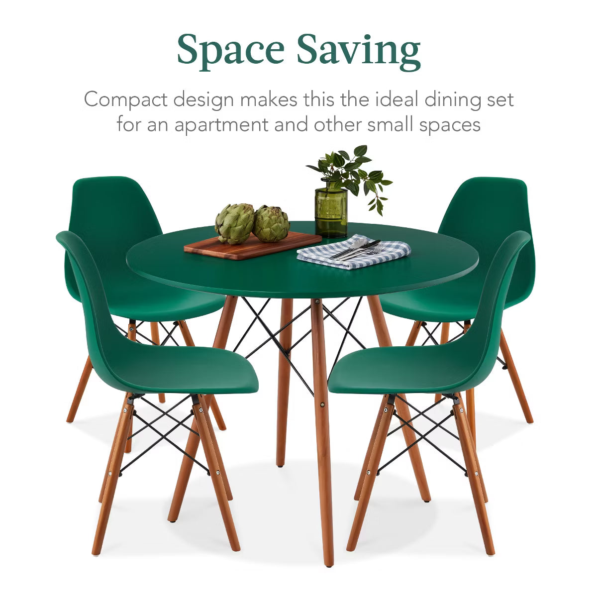 Dining Set – Culinvaro 5-Piece Compact Mid-Century Modern Dining Set w/ 4 Chairs" Dark Green/Walnut