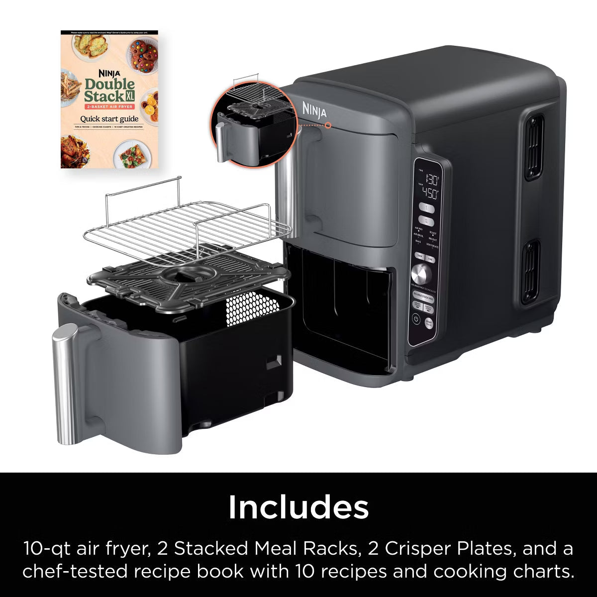 Air Fryer – DoubleStack XL 10qt, 6-in-1, 2-Basket Air Fryer – Gray