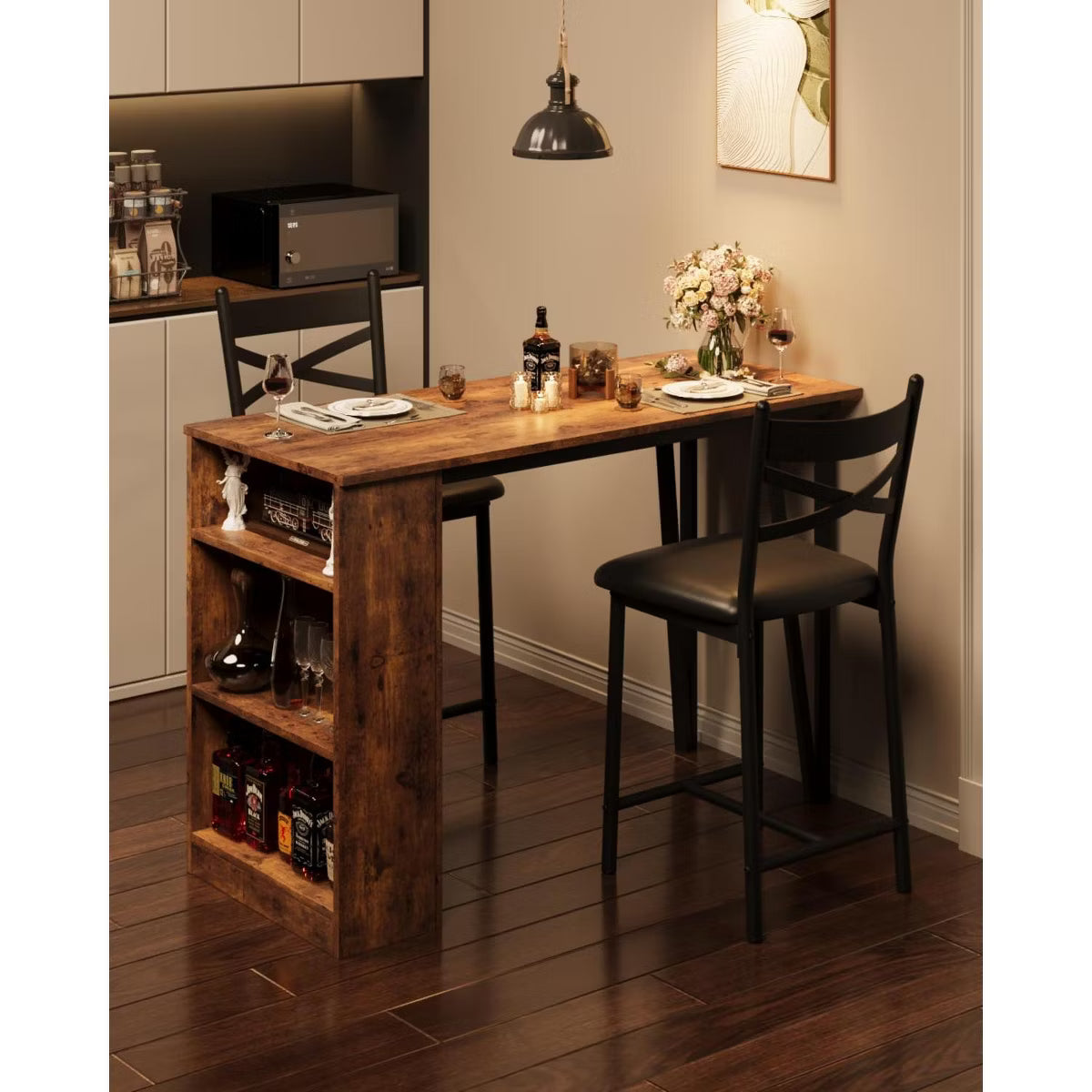 3 Piece Bar Table Set for 2, Bar Table and Chairs Set with with Flip Top Extension