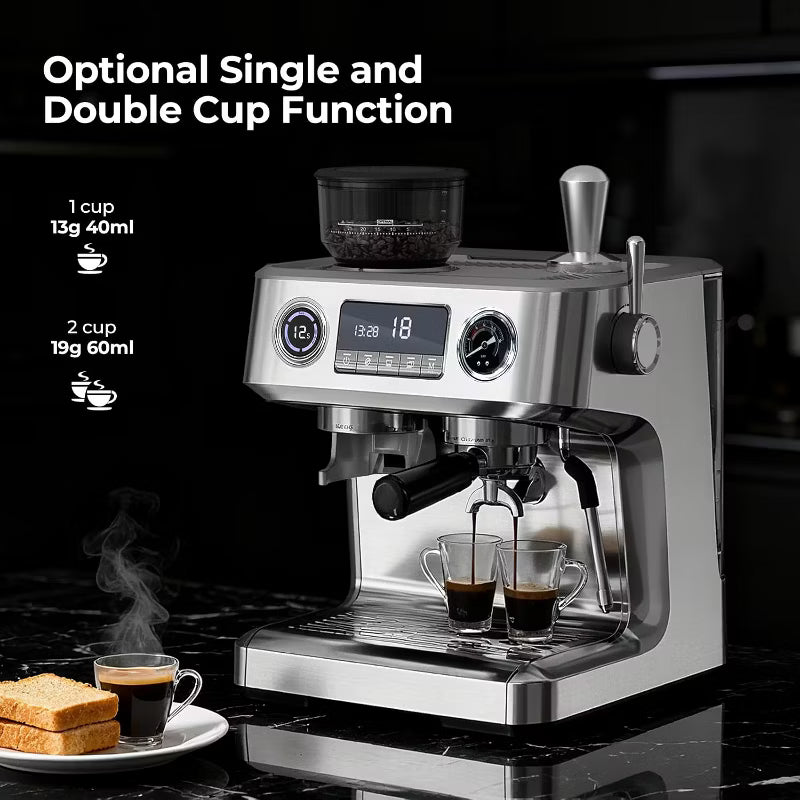 Espresso Machine – 20 Bar Programmable Expresso Coffee Machines with 30 Grinder Setting – Silver
