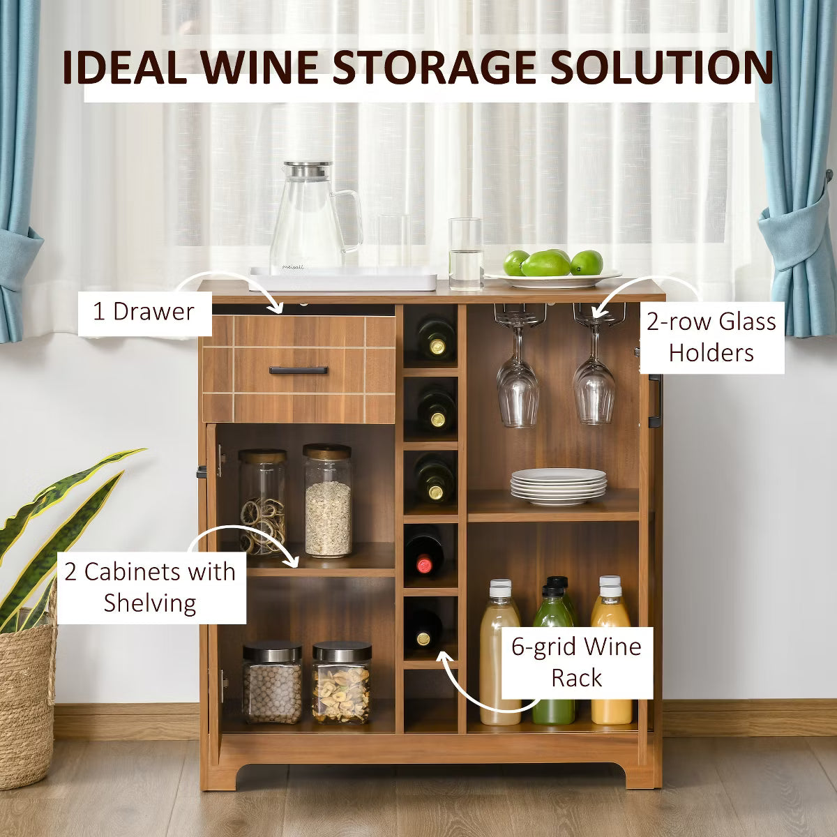 Wine Cabinet – Culinvaro Retro Wine Cabinet for 6 Bottles, Wine Rack Sideboard Serving Bar with Glass Holders and 1 Drawer, Brown