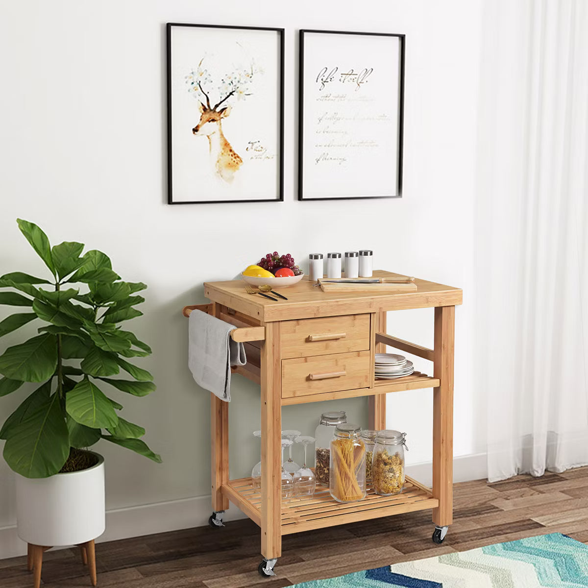 Kitchen Cart – Culinvaro Bamboo Kitchen Trolley Cart Wood Rolling Island w/ Tower Rack & Drawers