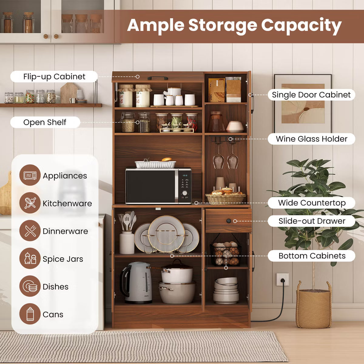 Pantry Cabinet – Culinvaro 66" Pantry Cabinet Tall Kitchen Storage Cabinet with Charging Station Brown