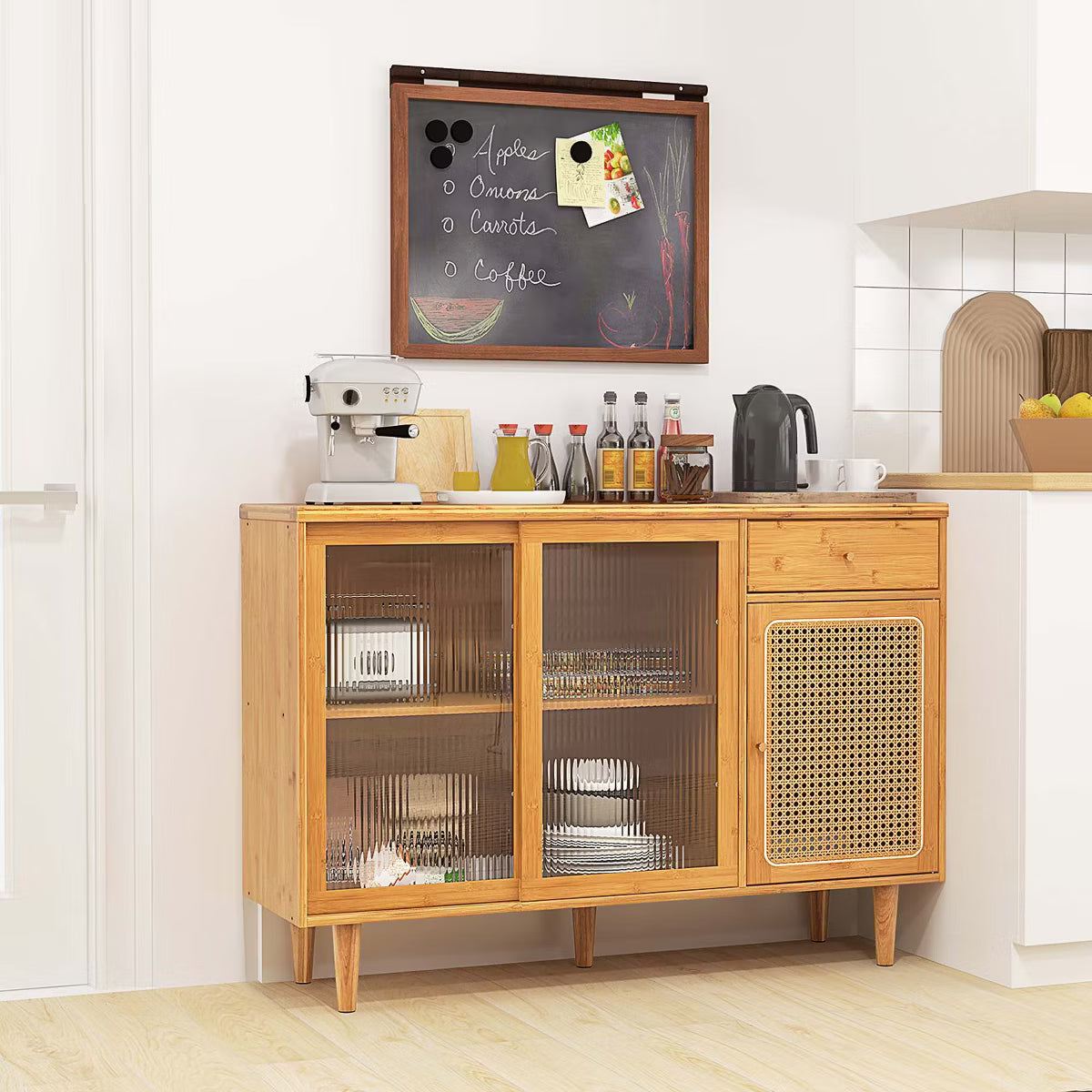 Buffet Cabinet – Culinvaro Buffet Sideboard Cabinet Rattan Console Table with Sliding Doors Storage Drawer