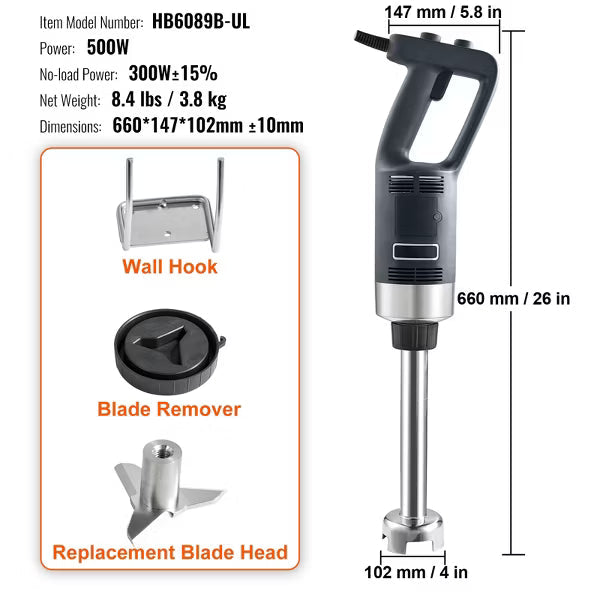 Immersion Blender – Blender, 500 Watt Heavy Duty Hand Mixer – Stainless Steel