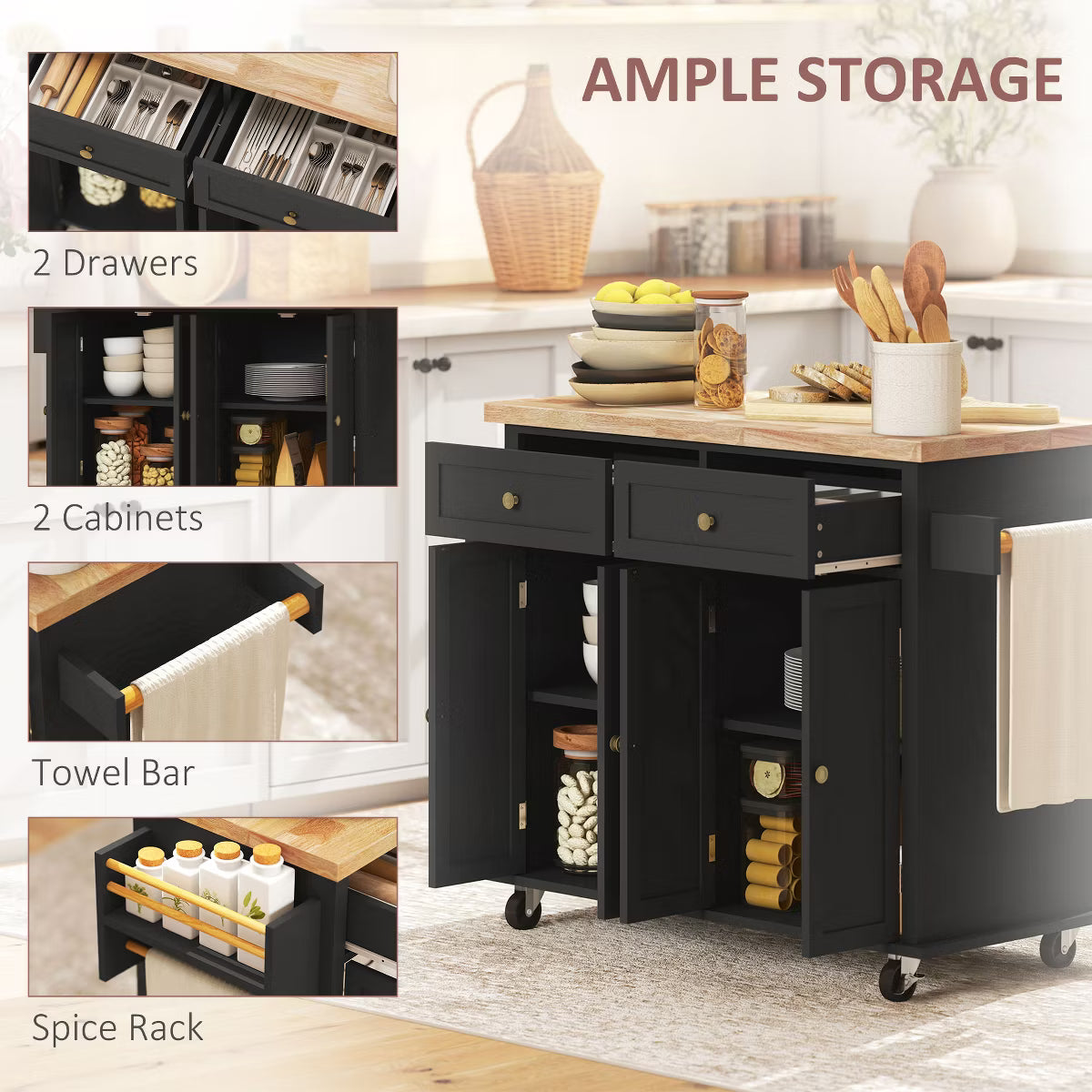 Kitchen Island on Wheels, Rolling Cart with Rubber Wood Top