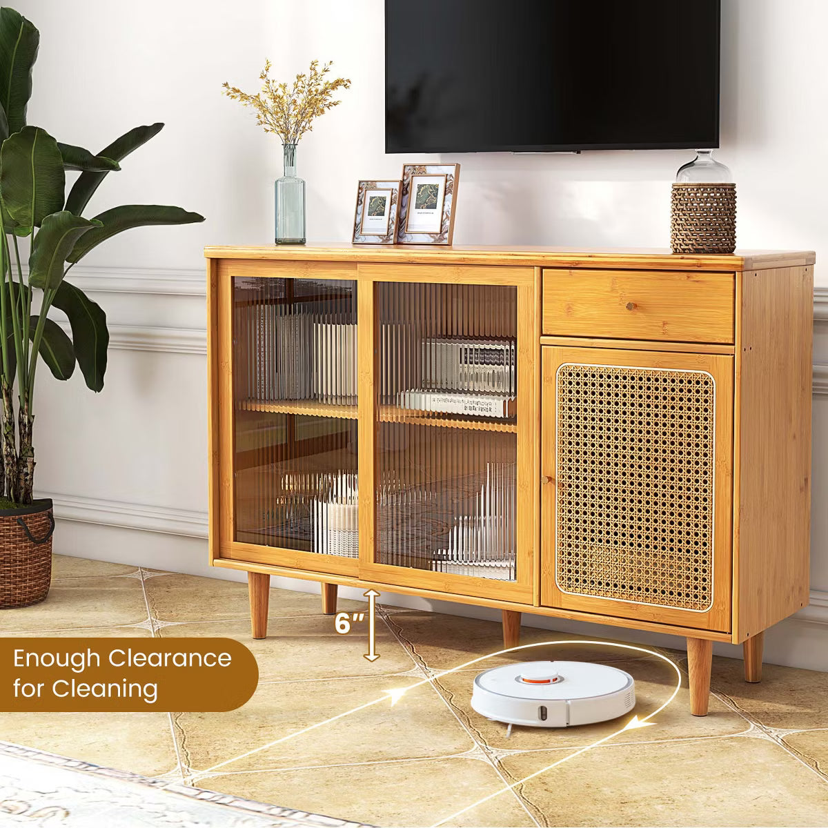 Buffet Cabinet – Culinvaro Buffet Sideboard Cabinet Rattan Console Table with Sliding Doors Storage Drawer