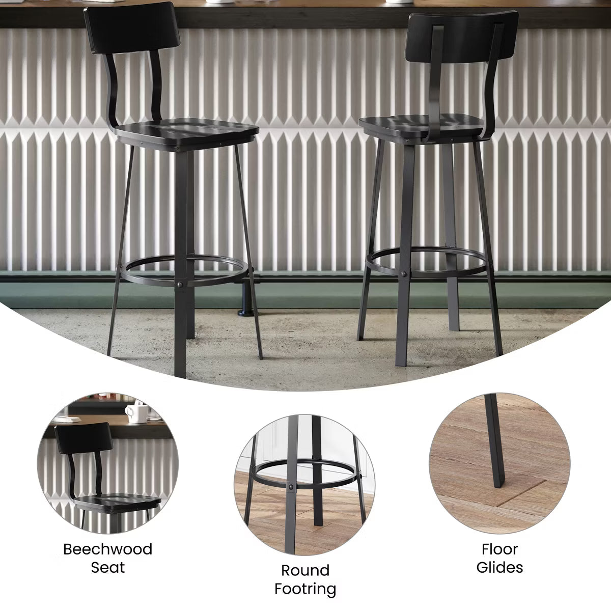 Black Dining Bar Stool with Wood Back/Seat and Black Powder-Coated Frame