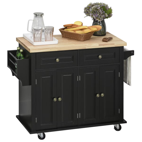 Kitchen Island on Wheels, Rolling Cart with Rubber Wood Top