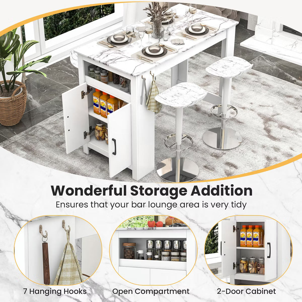 47" Long Counter Height Table Bar Table Faux Marble Pub Table w/ Cabinet