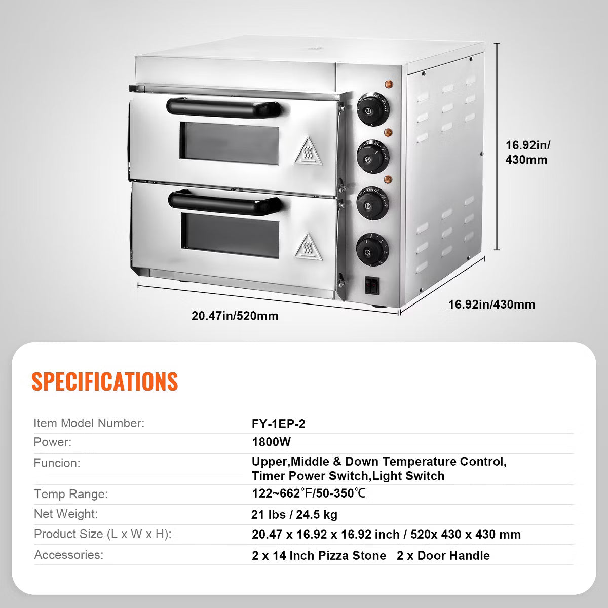 Pizza Oven – Pizza Oven Countertop, 14" Double Deck Layer – Silver