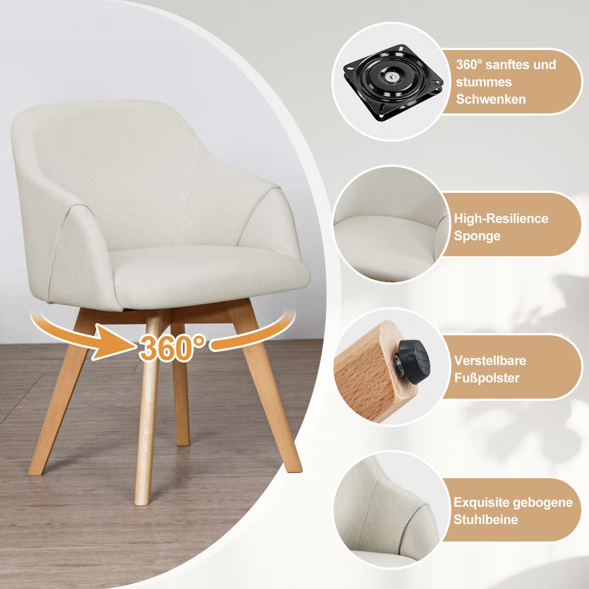 Swivel Dining Chairs Set of 2, Linen Upholstered Armchairs with Solid Wood Legs