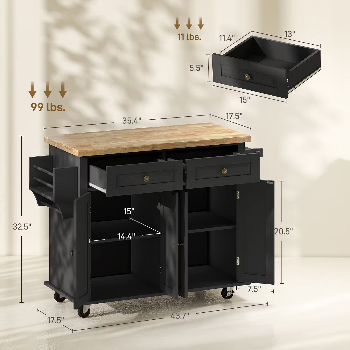 Kitchen Island on Wheels, Rolling Cart with Rubber Wood Top