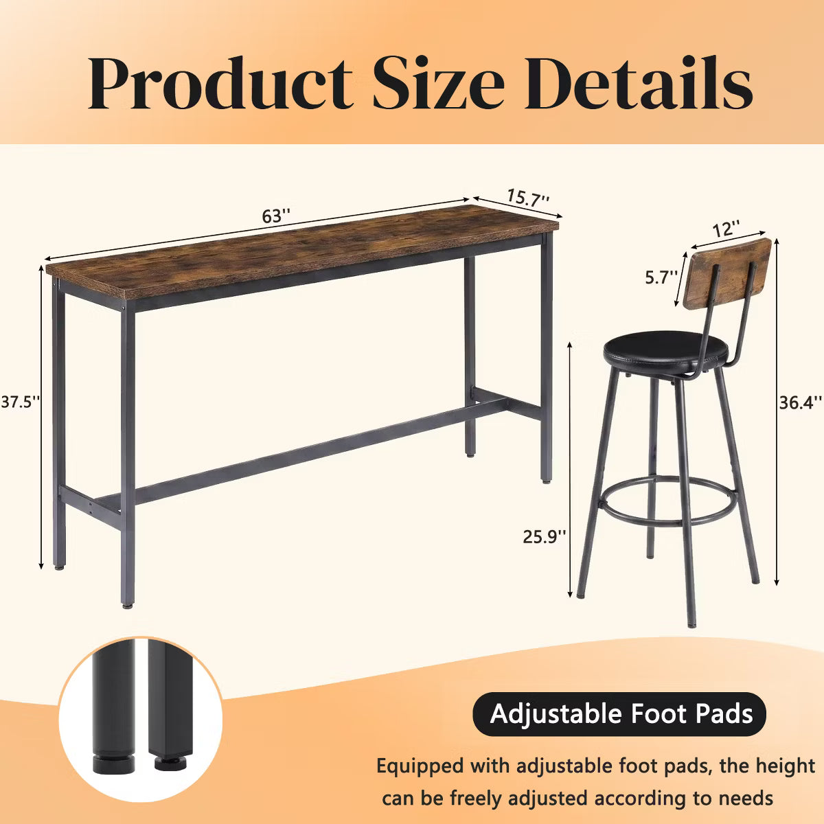 Bar Table – Culinvaro 4-Piece Industrial Bar Table Set with 3 PU Bar Stools