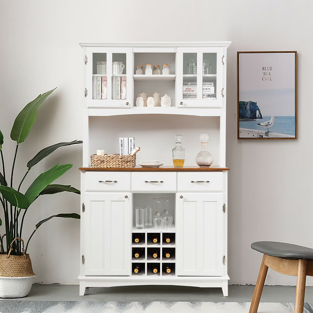 Wine Rack – Culinvaro Buffet And Hutch Kitchen Storage Cabinet Cupboard w/ Wine Rack & Drawers White