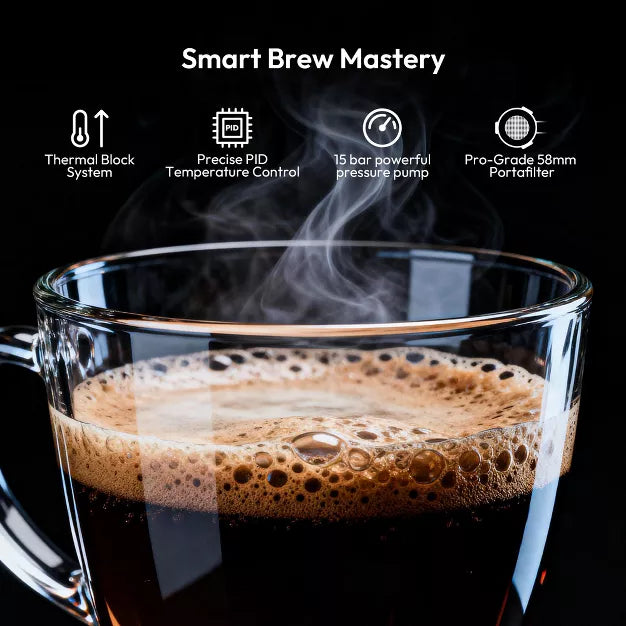 Espresso Machine – 15 Bar Coffee Maker with Milk Frother Steamer Wand – Silver