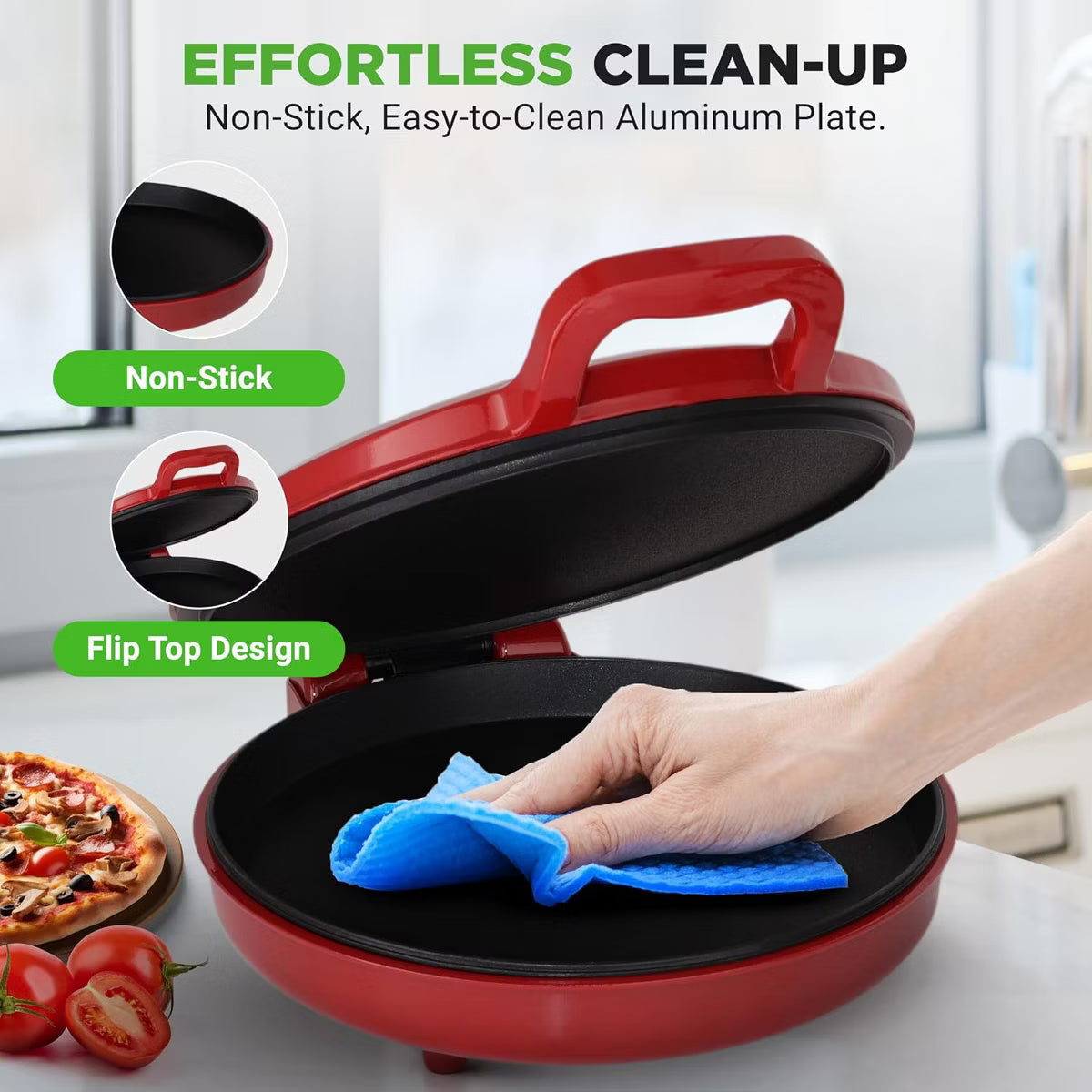 Pizza Oven – Electric Pizza Maker with Non-Stick Plate – Red