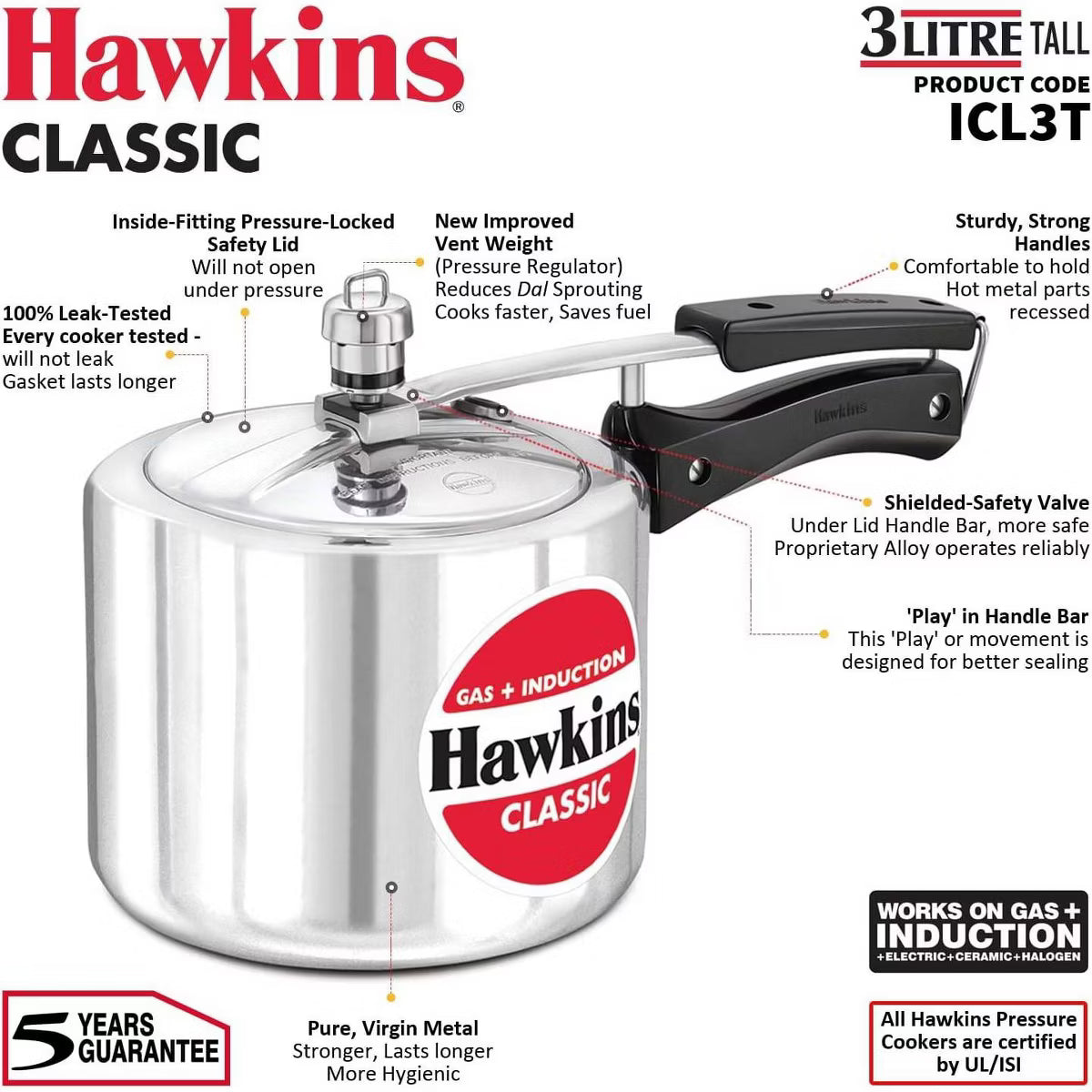 Pressure Cooker – 3L Induction Compatible Inner Lid Pressure Cooker – Silver