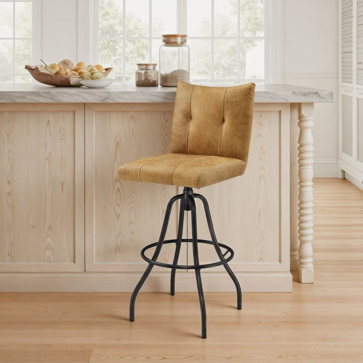 Genuine Leather Industrial-style and Mid-century Modern Counter Height Barstool