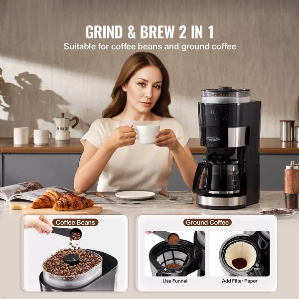 Drip Coffee Maker – Coffee Maker with Grinder, 10 Cup Coffee Machine – Black