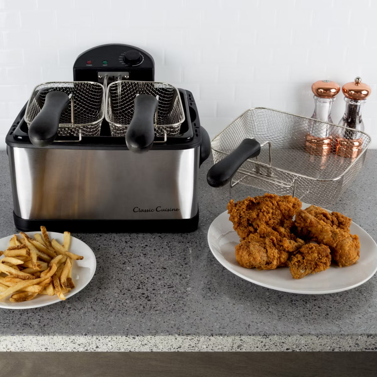Deep Fryer – Electric Oil Cooker with 1 Large & 2 Small Baskets – Silver