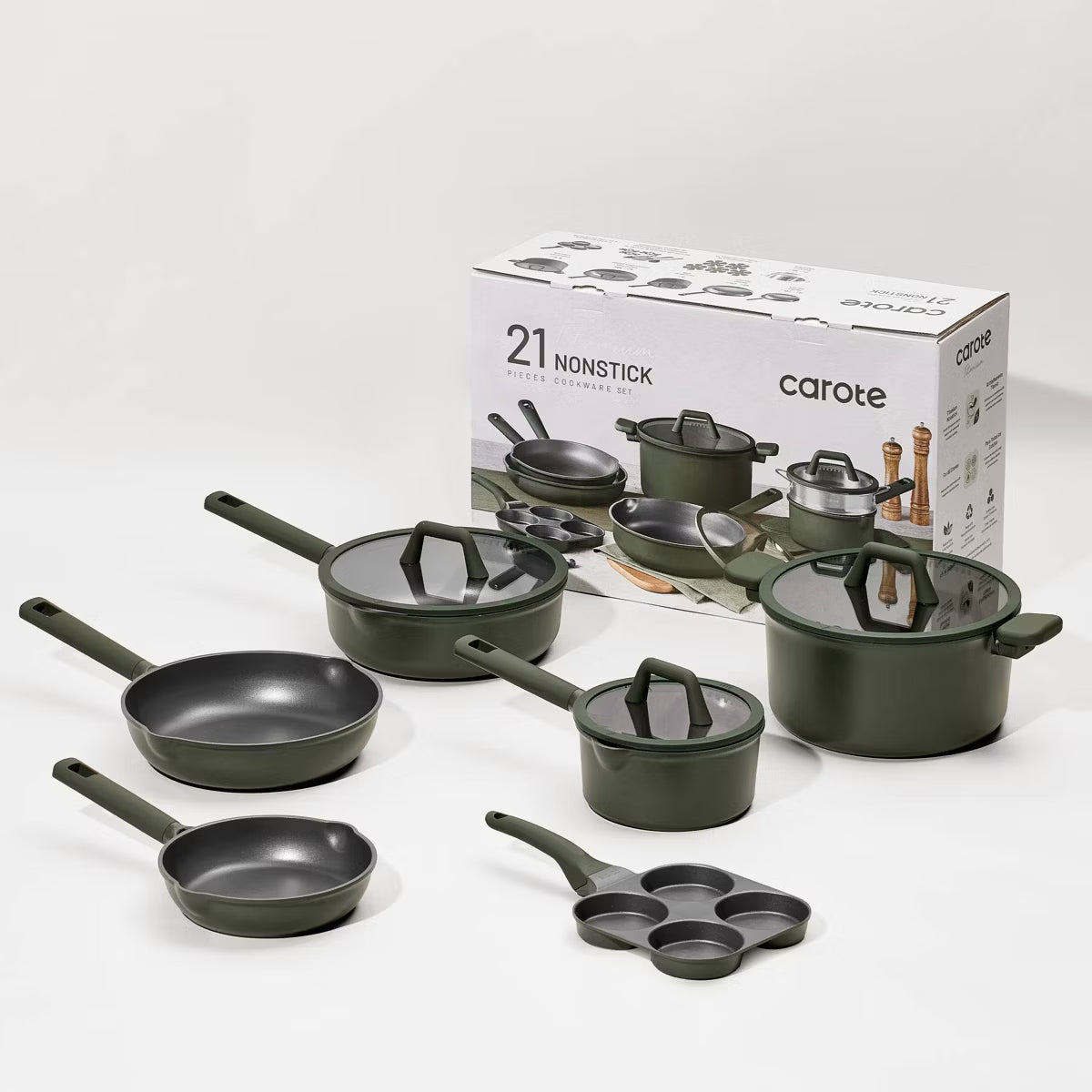 Cookware Set – 21pc Nonstick Cookware Set Taupe – Dark Green