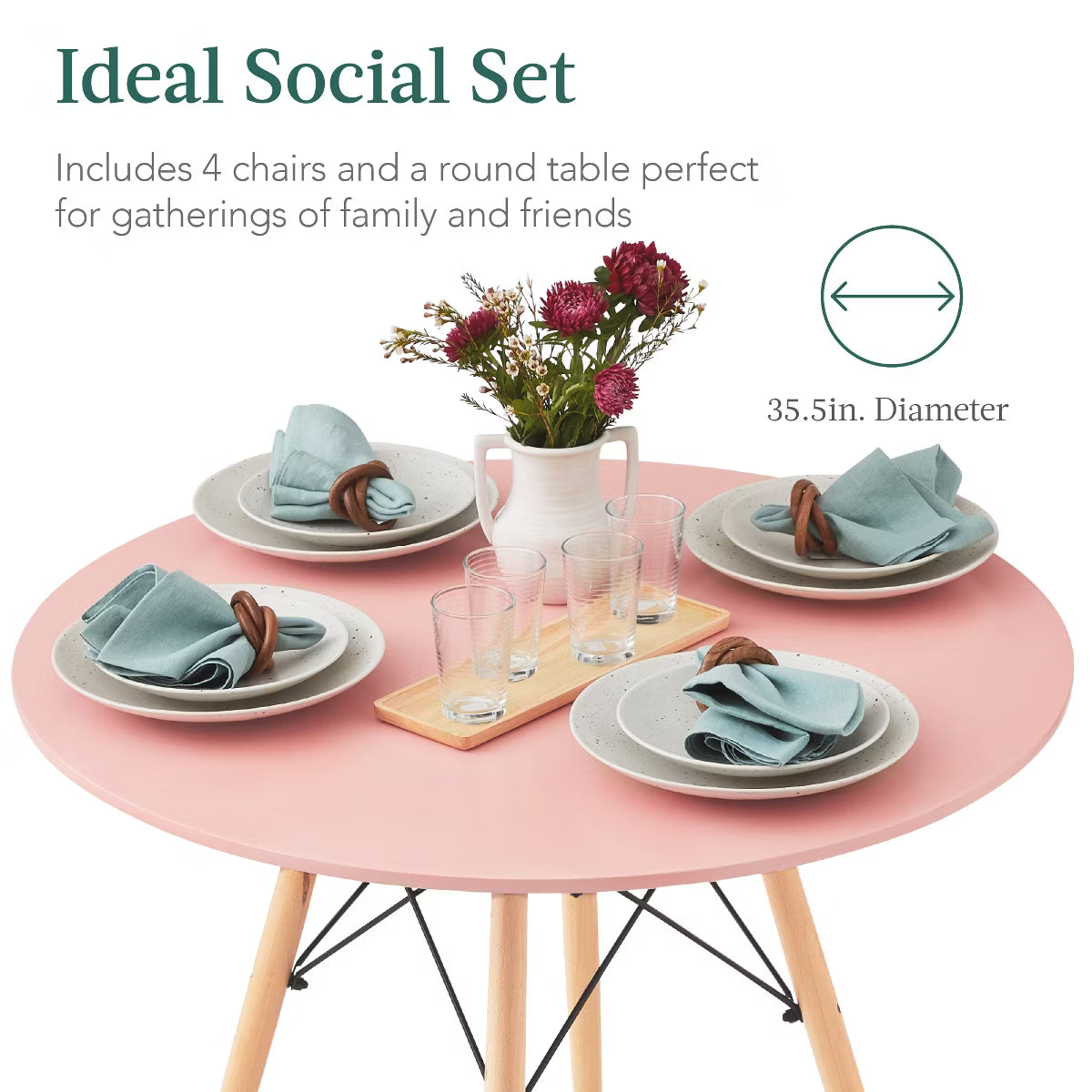 Dining Set – Culinvaro 5-Piece Compact Mid-Century Modern Dining Set w/ 4 Chairs" Pink/Oak