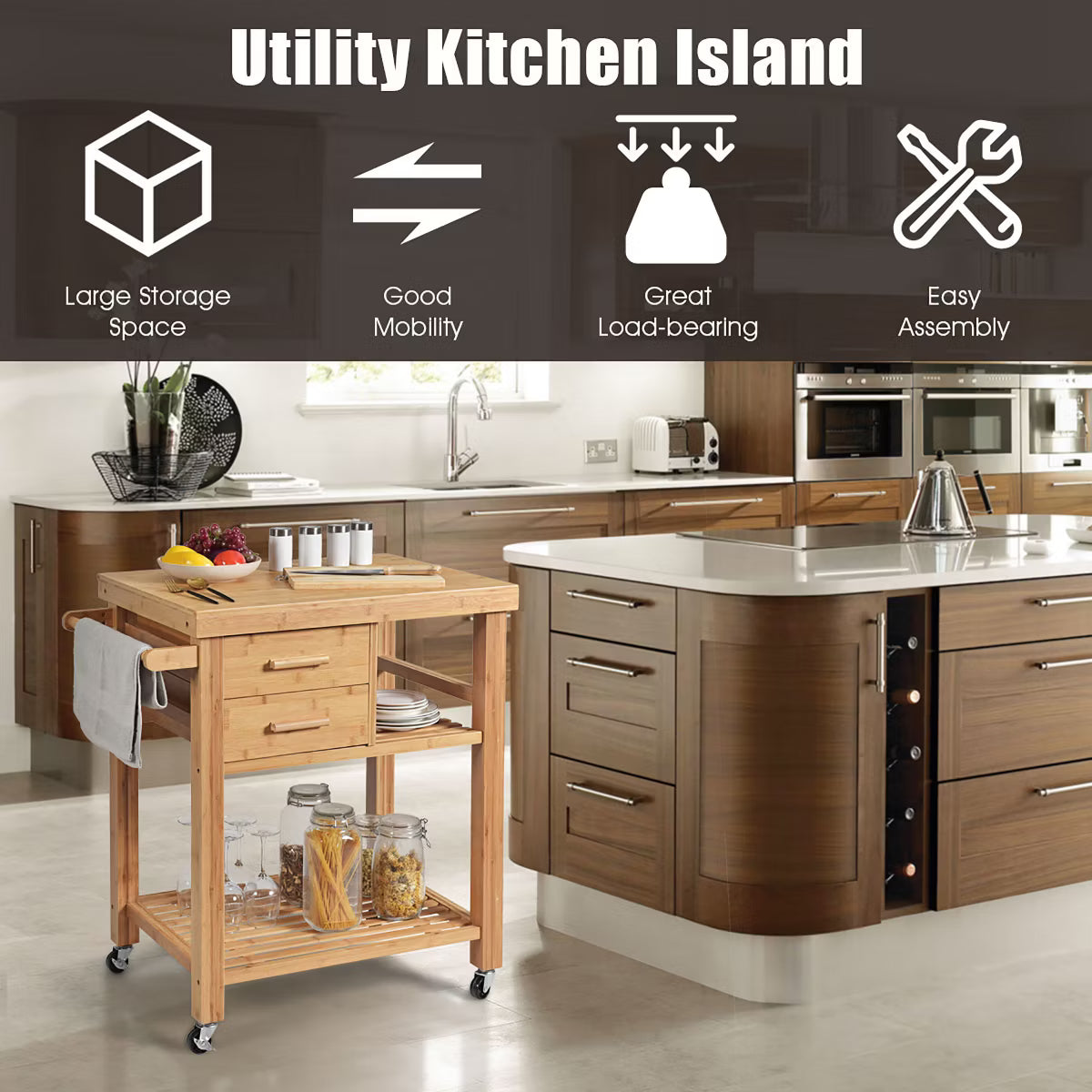 Kitchen Cart – Culinvaro Bamboo Kitchen Trolley Cart Wood Rolling Island w/ Tower Rack & Drawers