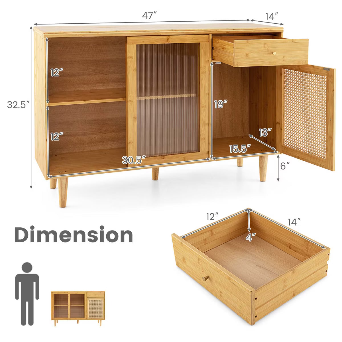 Buffet Cabinet – Culinvaro Buffet Sideboard Cabinet Rattan Console Table with Sliding Doors Storage Drawer