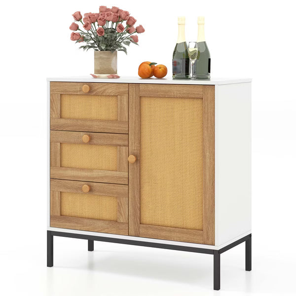 Buffet Cabinet – Culinvaro Rattan Buffet Sideboard with 3 Drawers & 1 Door Sturdy Metal Legs Storage Cabinet