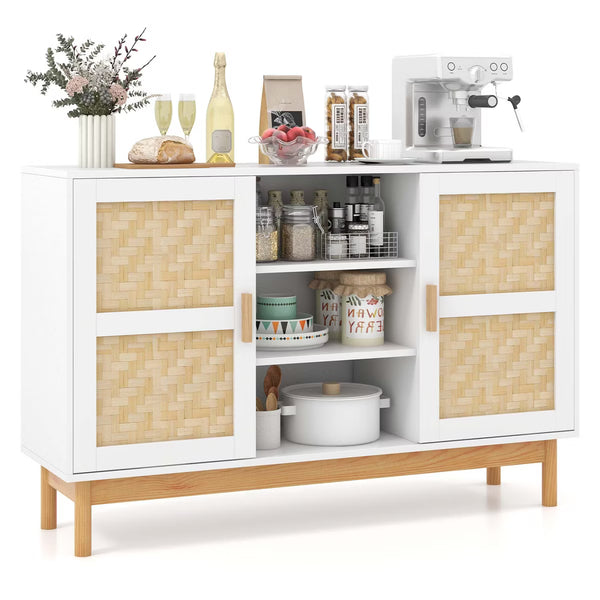 Buffet Cabinet – Culinvaro 48" Sideboard Buffet Cabinet with 2 Bamboo Woven Doors 3 Open Shelves for Kitchen White