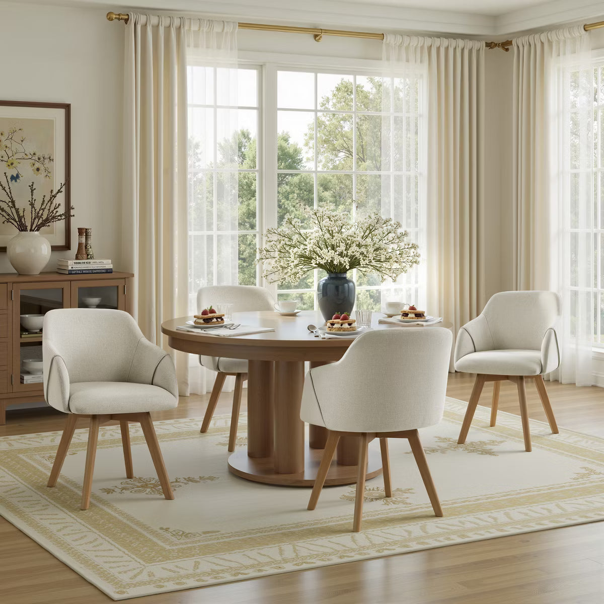 Swivel Dining Chairs Set of 2, Linen Upholstered Armchairs with Solid Wood Legs
