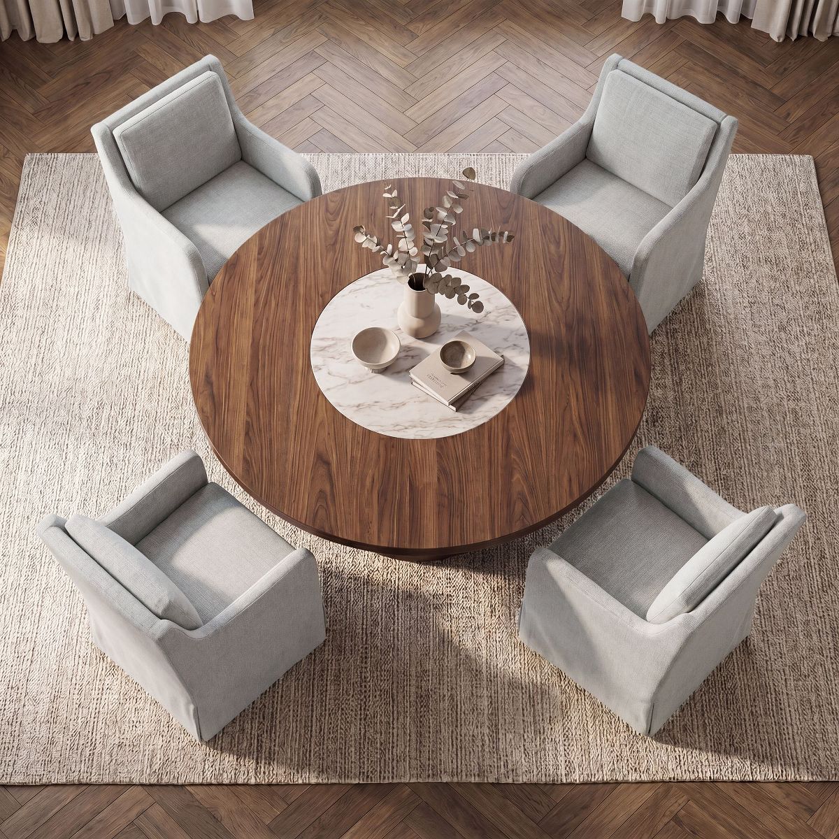 Set of 6 Upholstered Dining Chairs with Casters, Removable Seat Cushion