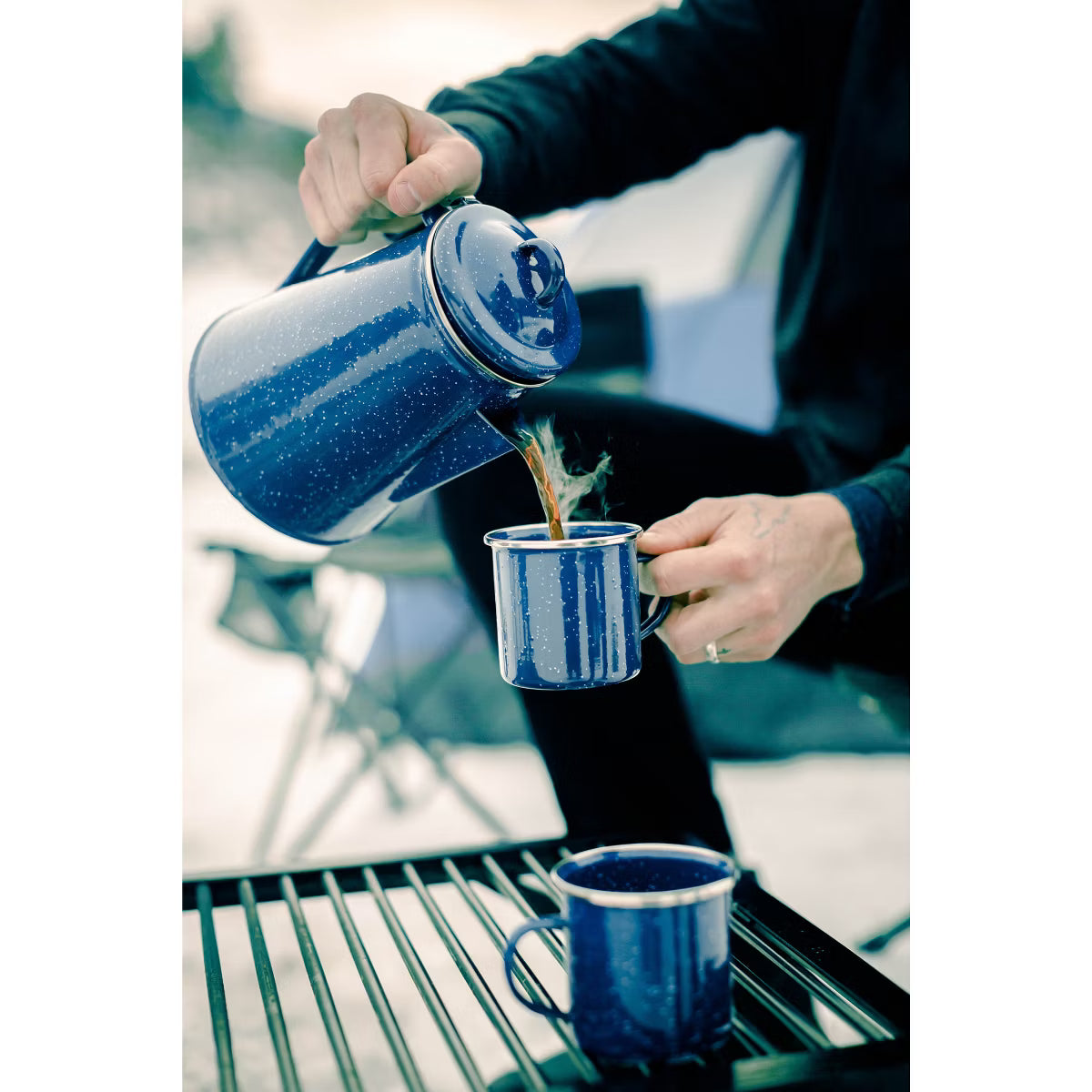 Enamel Coffee Pot 8 Cup Percolator With Basket Blue