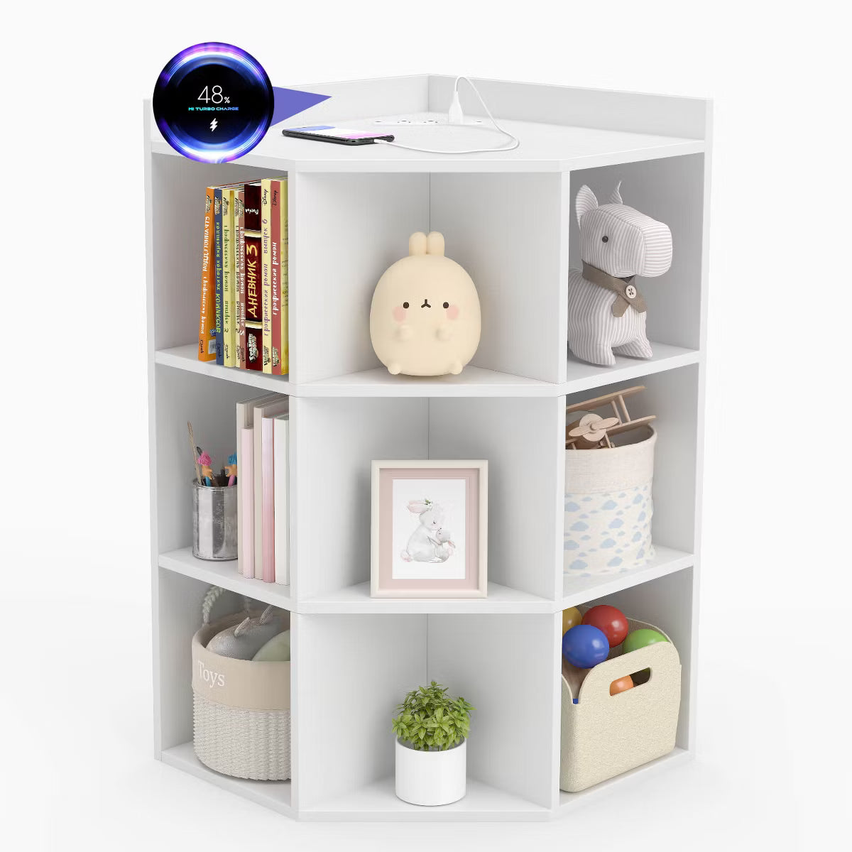 -Tier Kids Corner Toy Storage Organizer with USB Ports and Outlets 9 Cubbies White