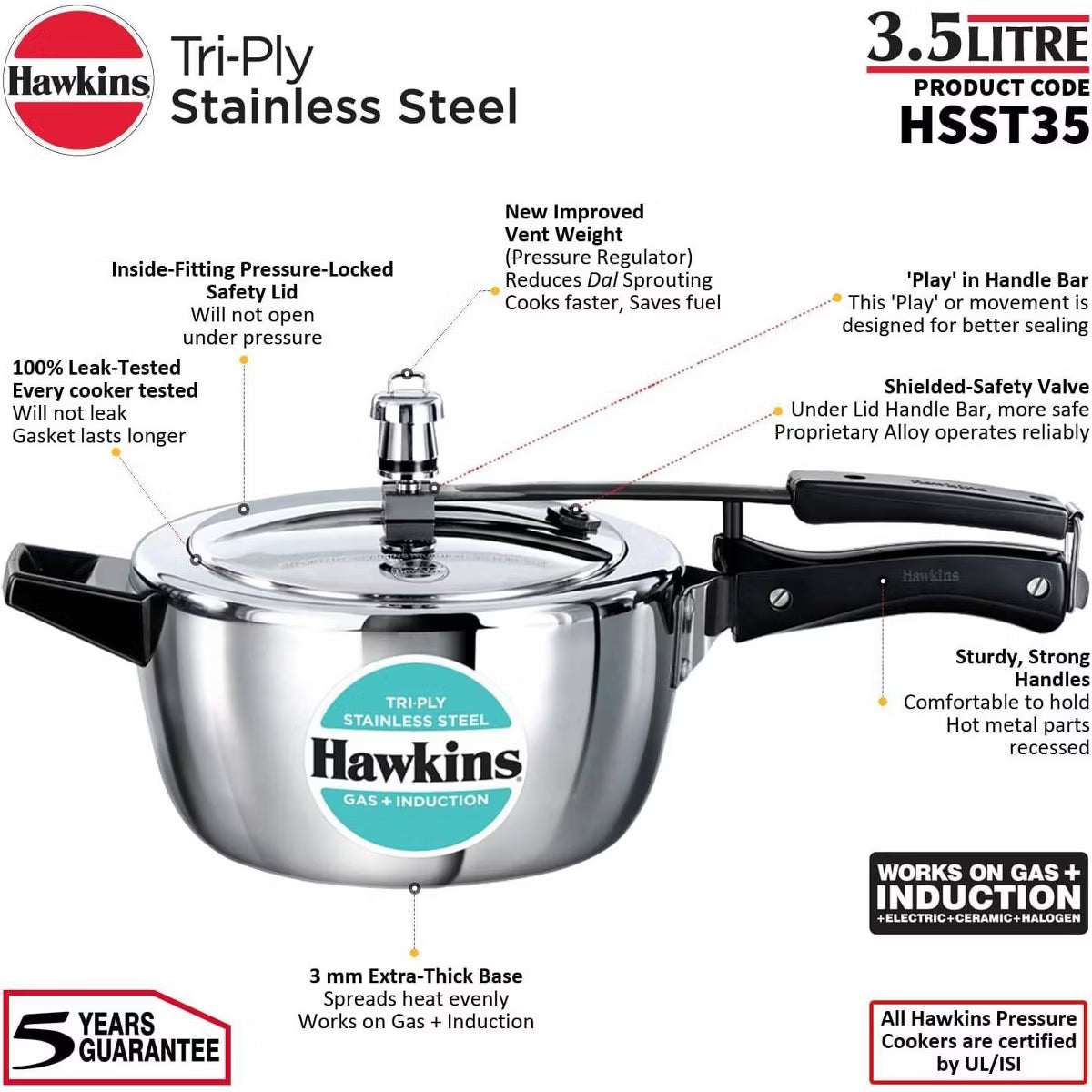 Pressure Cooker – 3.5L Triply Pressure Cooker Inner Lid Cooker – Silver